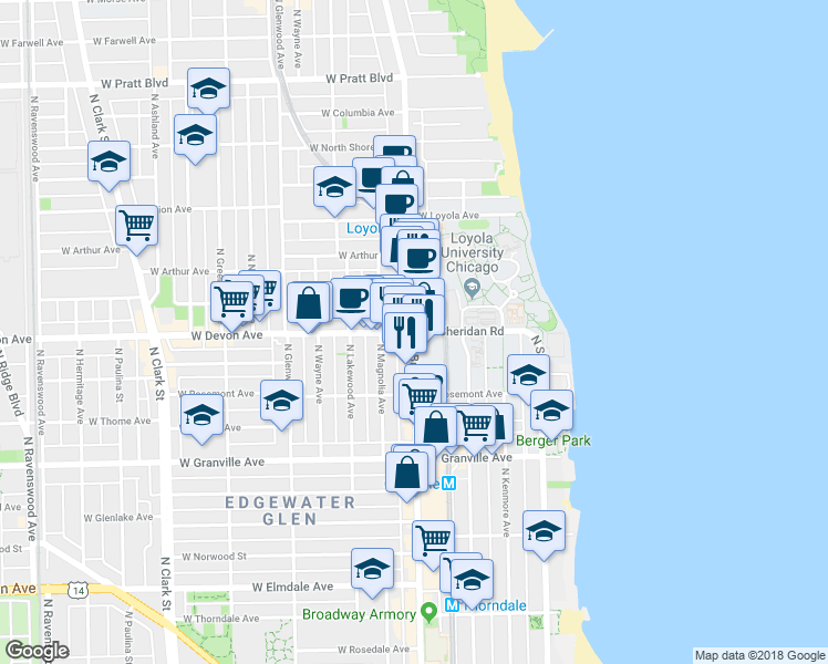 map of restaurants, bars, coffee shops, grocery stores, and more near 6401 North Sheridan Road in Chicago