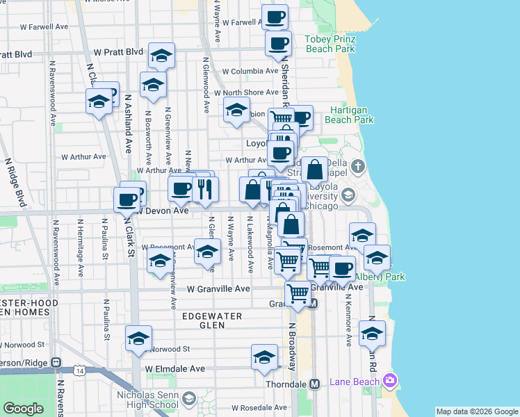 map of restaurants, bars, coffee shops, grocery stores, and more near 6411 North Lakewood Avenue in Chicago