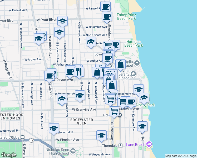 map of restaurants, bars, coffee shops, grocery stores, and more near 6411 North Lakewood Avenue in Chicago