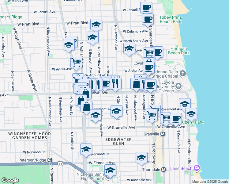 map of restaurants, bars, coffee shops, grocery stores, and more near 6410 North Glenwood Avenue in Chicago