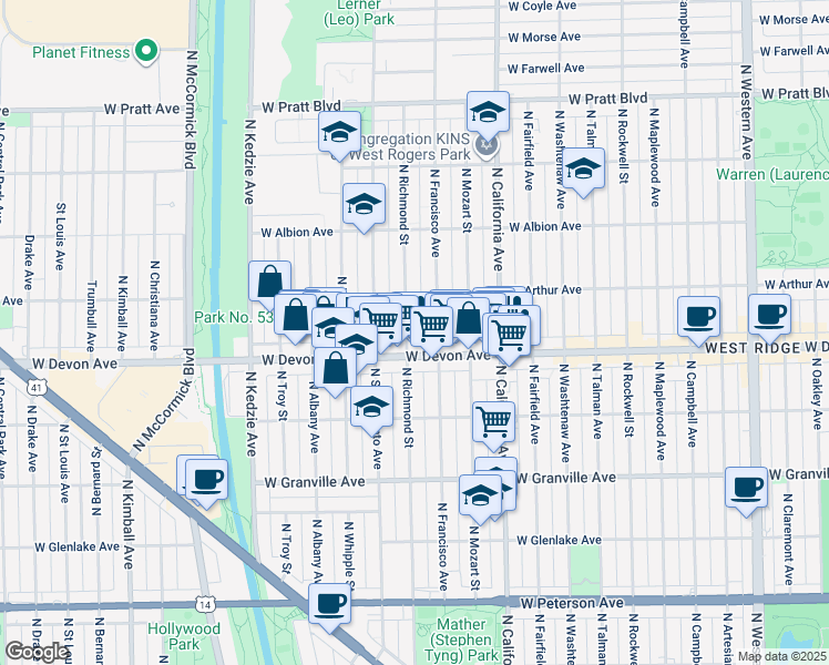 map of restaurants, bars, coffee shops, grocery stores, and more near 6434 North Richmond Street in Chicago