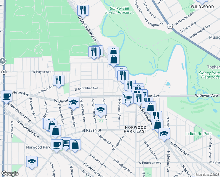 map of restaurants, bars, coffee shops, grocery stores, and more near 6439 North Natoma Avenue in Chicago