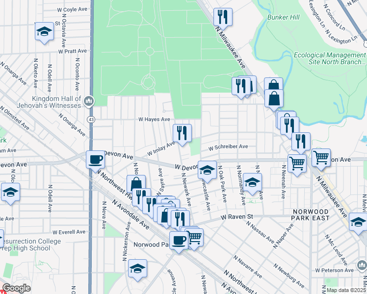 map of restaurants, bars, coffee shops, grocery stores, and more near 6833 West Imlay Avenue in Chicago