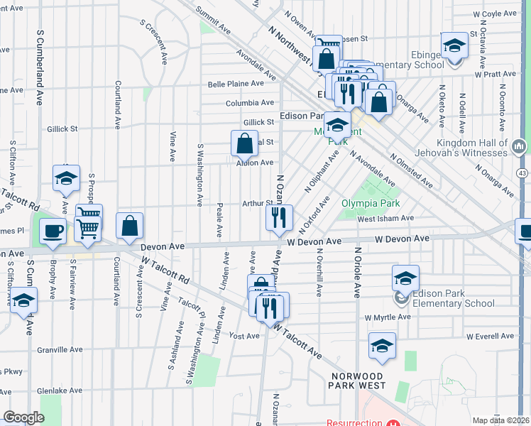 map of restaurants, bars, coffee shops, grocery stores, and more near 1020 North Ozanam Avenue in Park Ridge