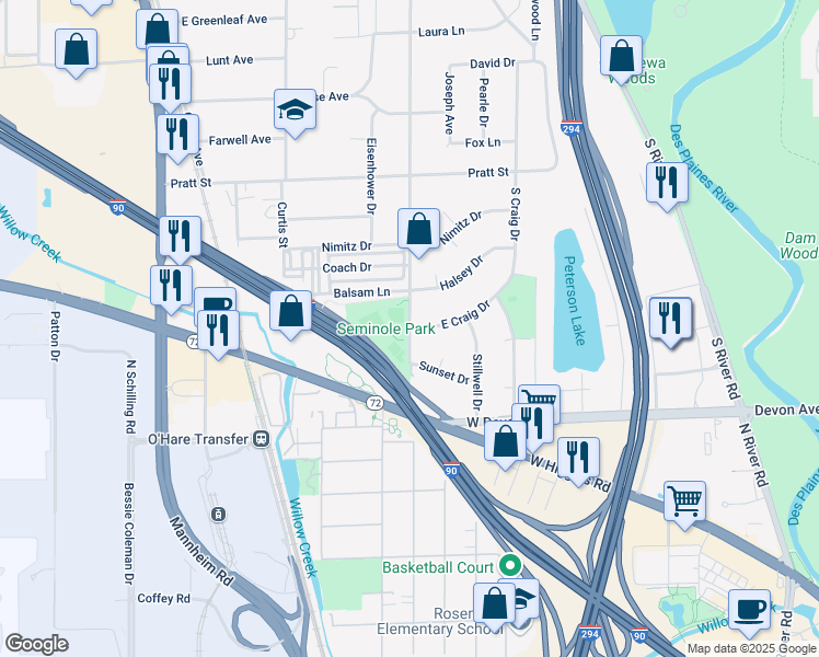 map of restaurants, bars, coffee shops, grocery stores, and more near 3000 Scott St in Des Plaines