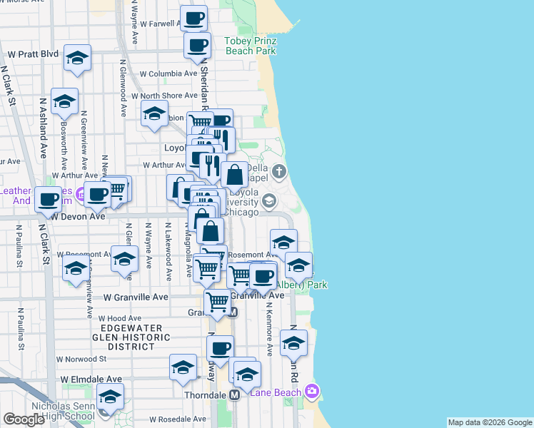 map of restaurants, bars, coffee shops, grocery stores, and more near N Kenmore Ave & W Sheridan Rd in Chicago