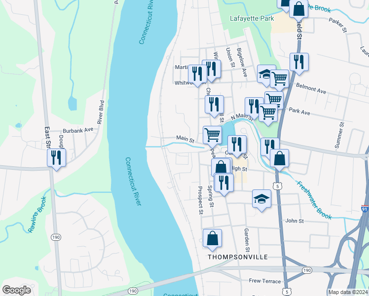 map of restaurants, bars, coffee shops, grocery stores, and more near 37 Asnuntuck Street in Enfield