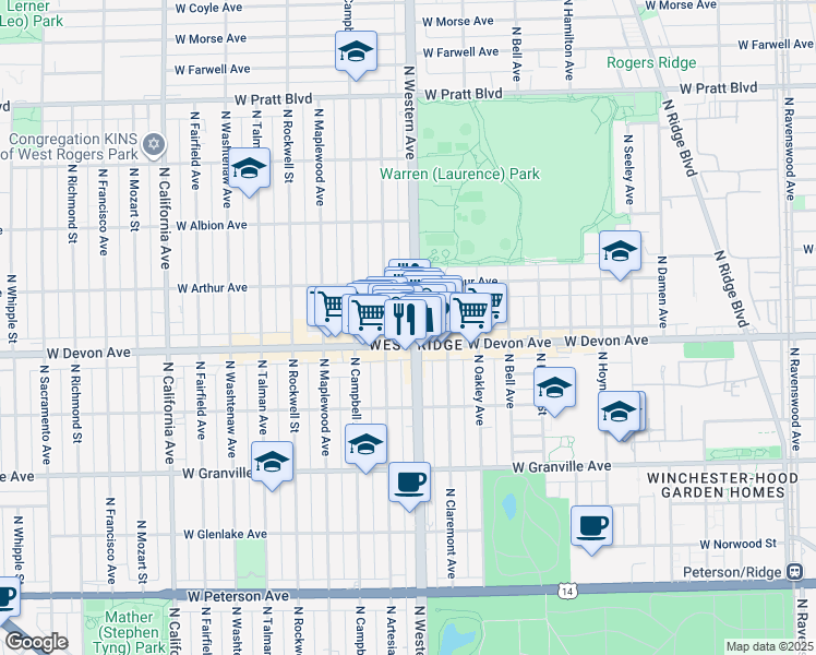 map of restaurants, bars, coffee shops, grocery stores, and more near 6424 North Western Avenue in Chicago