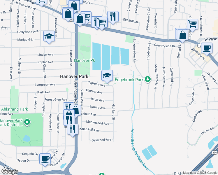 map of restaurants, bars, coffee shops, grocery stores, and more near 1410 Cypress Avenue in Hanover Park