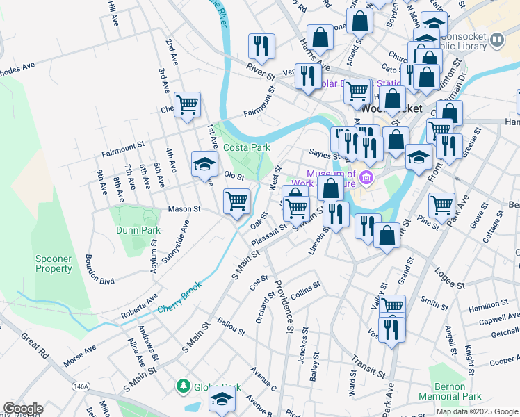 map of restaurants, bars, coffee shops, grocery stores, and more near 80 Oak St in Woonsocket