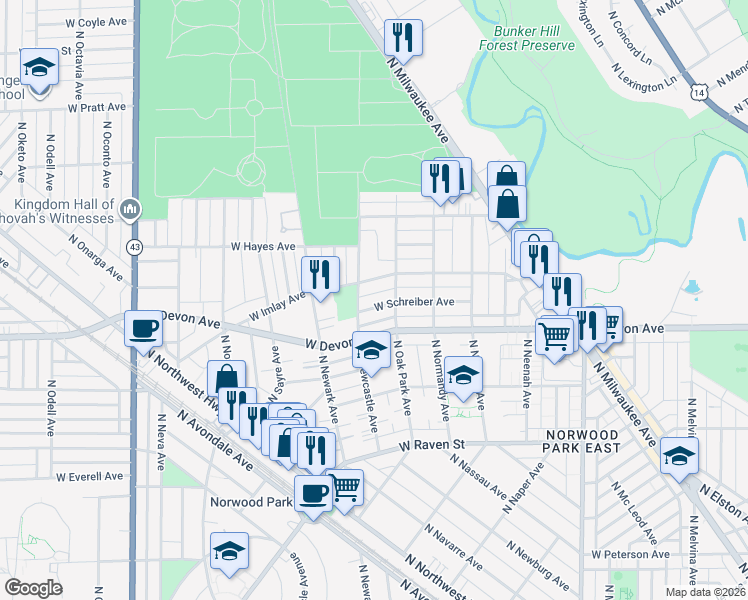map of restaurants, bars, coffee shops, grocery stores, and more near 6722 West Schreiber Avenue in Chicago