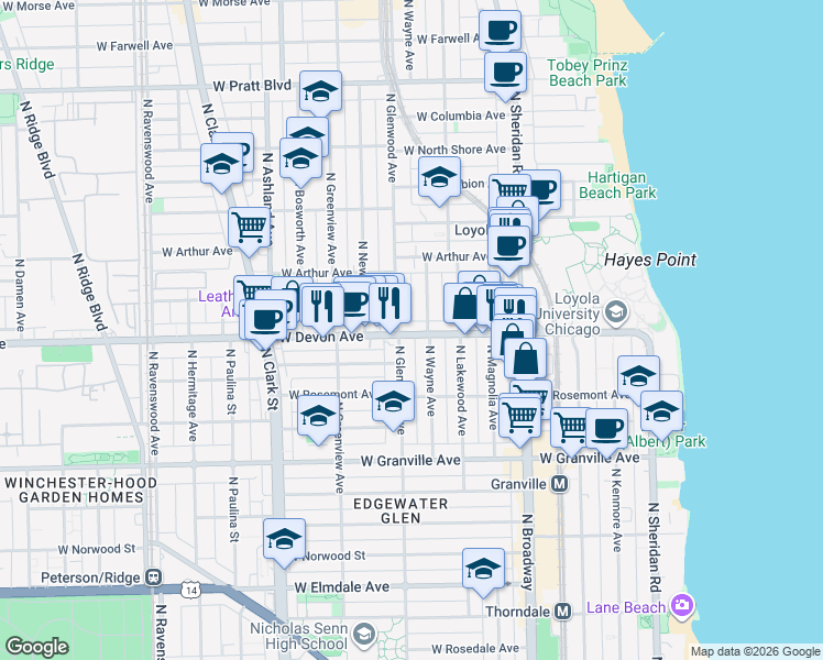 map of restaurants, bars, coffee shops, grocery stores, and more near 1346 West Devon Avenue in Chicago