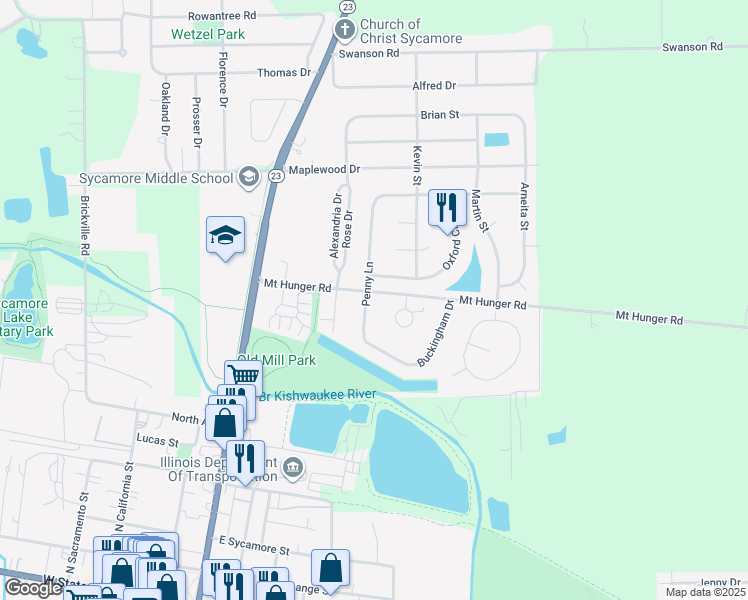 map of restaurants, bars, coffee shops, grocery stores, and more near 988 Penny Lane in Sycamore