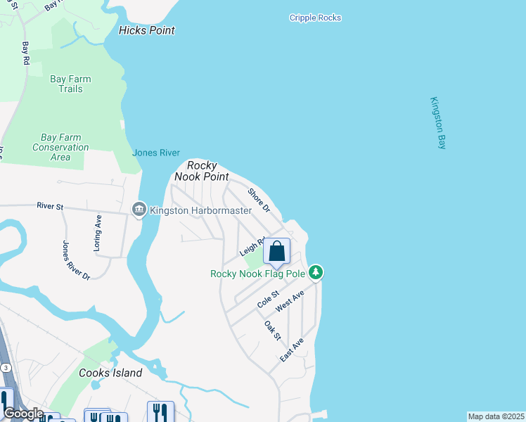 map of restaurants, bars, coffee shops, grocery stores, and more near 40 Shore Drive in Kingston