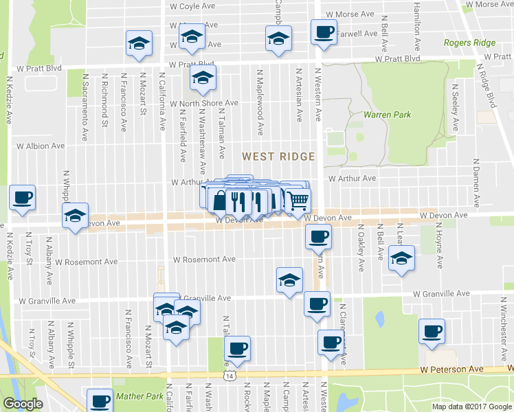 map of restaurants, bars, coffee shops, grocery stores, and more near 6427 North Rockwell Street in Chicago