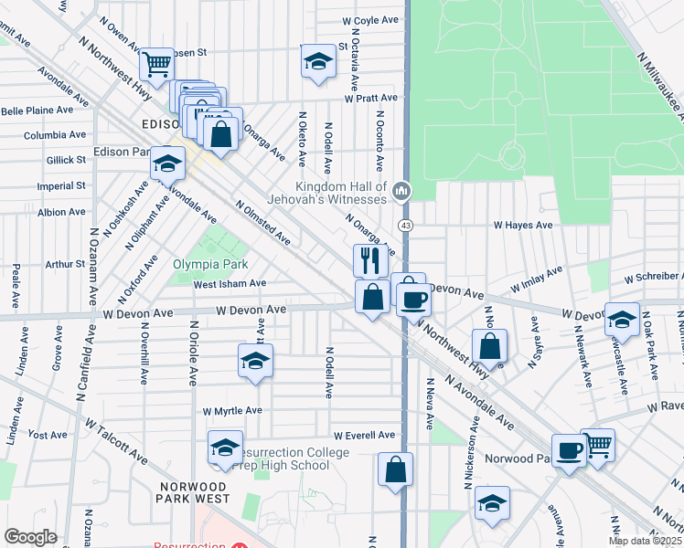 map of restaurants, bars, coffee shops, grocery stores, and more near 6490 North Northwest Highway in Chicago