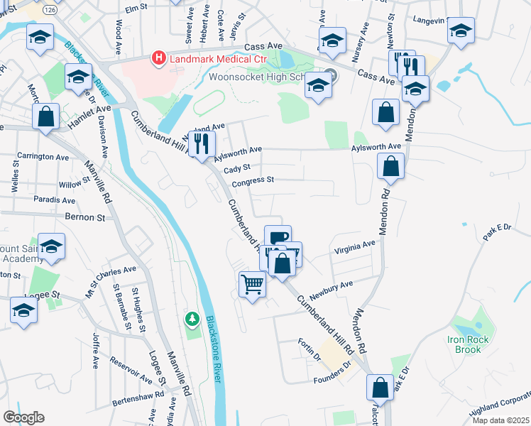 map of restaurants, bars, coffee shops, grocery stores, and more near 560 Cumberland Hill Road in Woonsocket