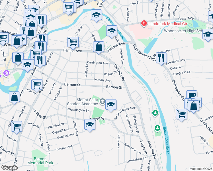 map of restaurants, bars, coffee shops, grocery stores, and more near 361 Paradis Avenue in Woonsocket