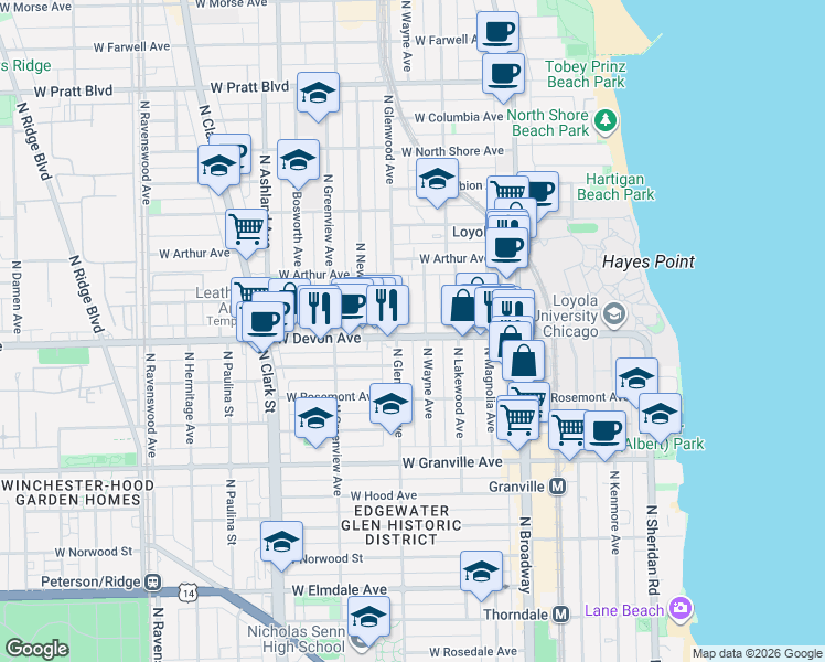 map of restaurants, bars, coffee shops, grocery stores, and more near 1334 West Devon Avenue in Chicago