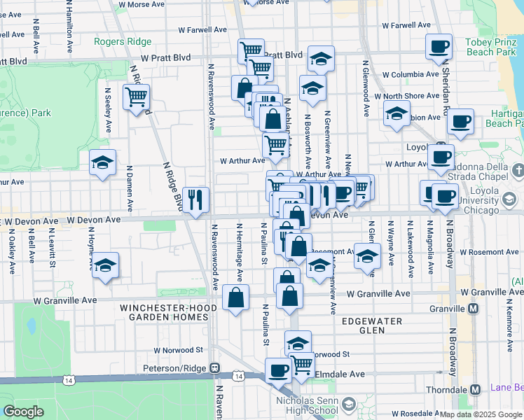 map of restaurants, bars, coffee shops, grocery stores, and more near 1634 West Devon Avenue in Chicago