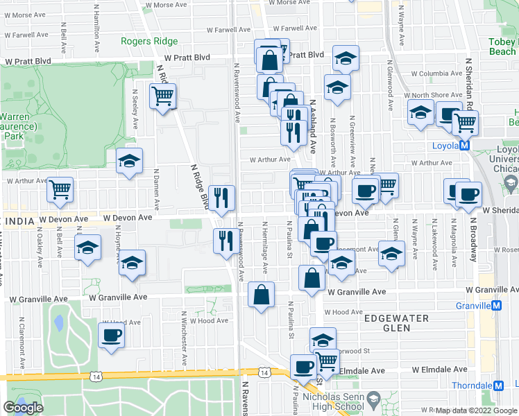 map of restaurants, bars, coffee shops, grocery stores, and more near 6415 North Hermitage Avenue in Chicago