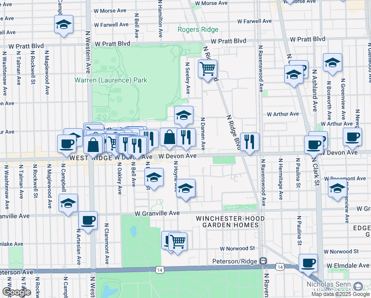 map of restaurants, bars, coffee shops, grocery stores, and more near 6419 North Seeley Avenue in Chicago
