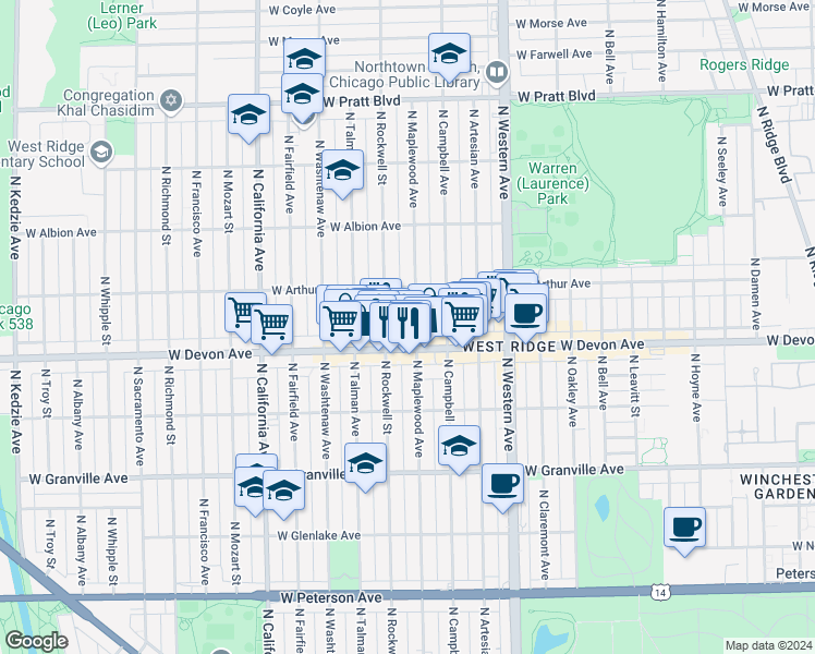 map of restaurants, bars, coffee shops, grocery stores, and more near 6427 North Rockwell Street in Chicago