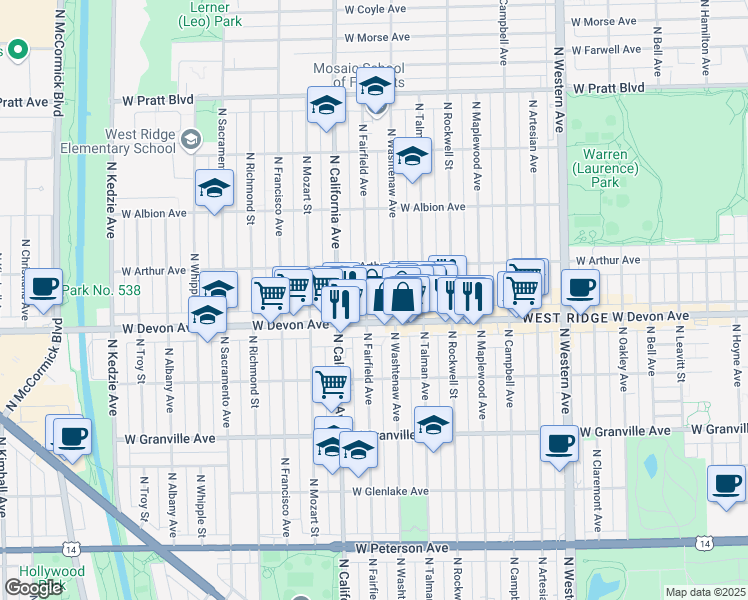 map of restaurants, bars, coffee shops, grocery stores, and more near 6428 North Washtenaw Avenue in Chicago
