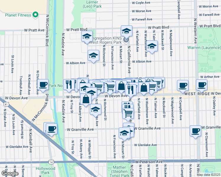 map of restaurants, bars, coffee shops, grocery stores, and more near 6431 North Francisco Avenue in Chicago