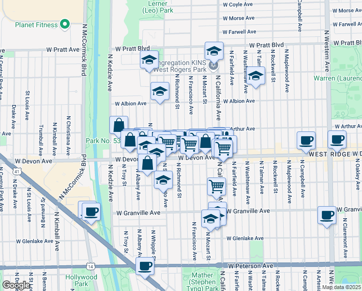 map of restaurants, bars, coffee shops, grocery stores, and more near 6434 North Richmond Street in Chicago