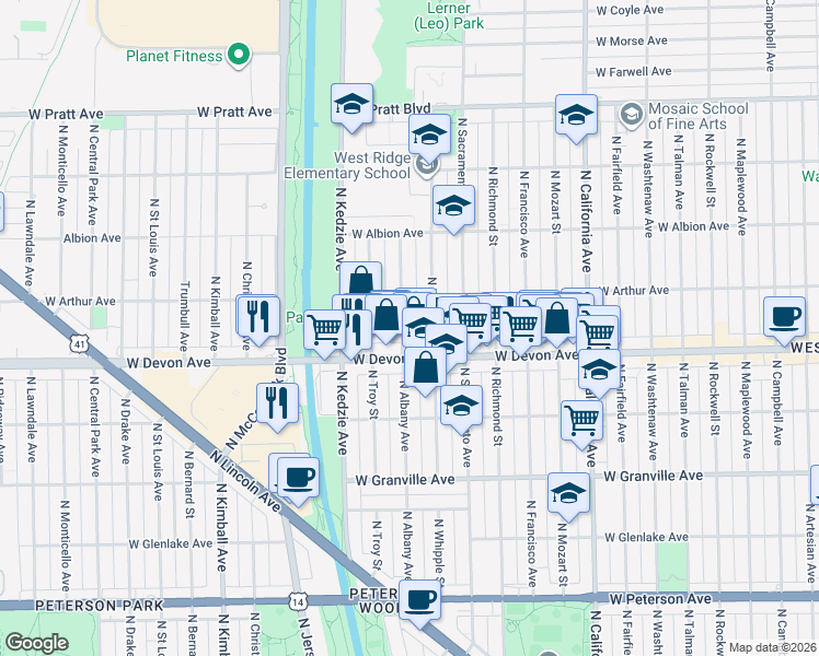 map of restaurants, bars, coffee shops, grocery stores, and more near 6435 North Albany Avenue in Chicago