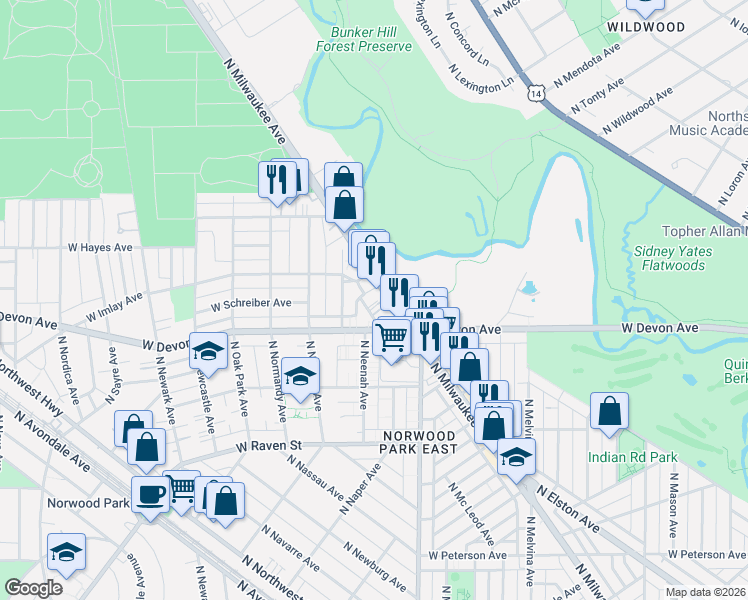 map of restaurants, bars, coffee shops, grocery stores, and more near 6450 North Milwaukee Avenue in Chicago