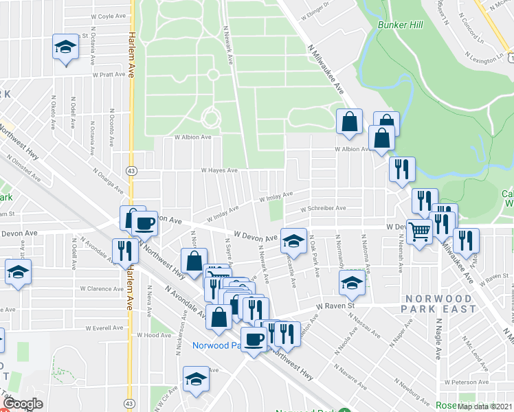 map of restaurants, bars, coffee shops, grocery stores, and more near 6909 West Imlay Avenue in Chicago