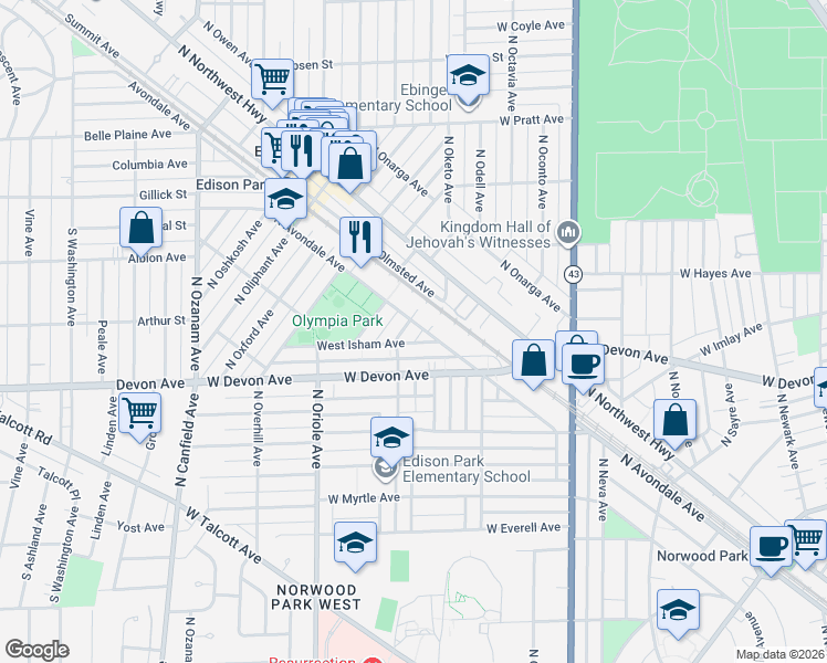 map of restaurants, bars, coffee shops, grocery stores, and more near 6459 North Oketo Avenue in Chicago