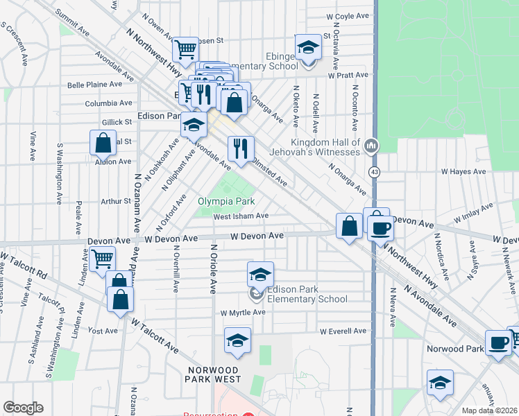 map of restaurants, bars, coffee shops, grocery stores, and more near 6435 North Ogallah Avenue in Chicago