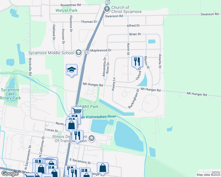 map of restaurants, bars, coffee shops, grocery stores, and more near 988 Penny Lane in Sycamore