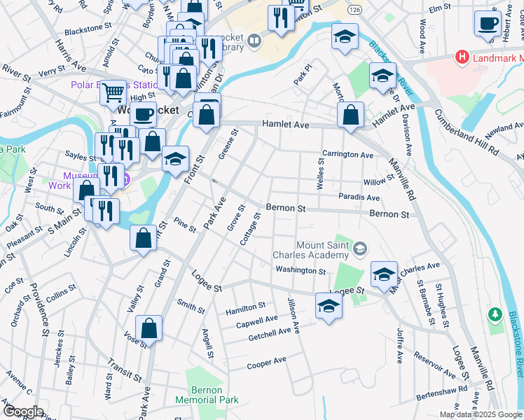 map of restaurants, bars, coffee shops, grocery stores, and more near 501 Bernon Street in Woonsocket