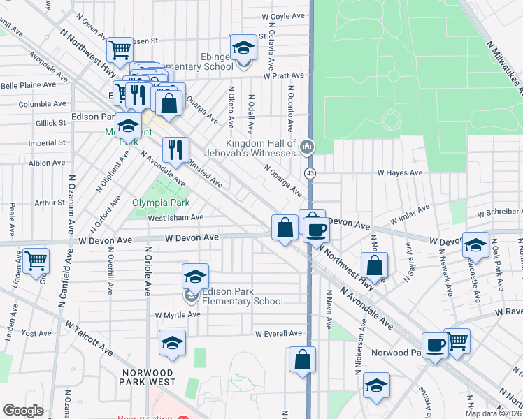 map of restaurants, bars, coffee shops, grocery stores, and more near 6490 North Northwest Highway in Chicago