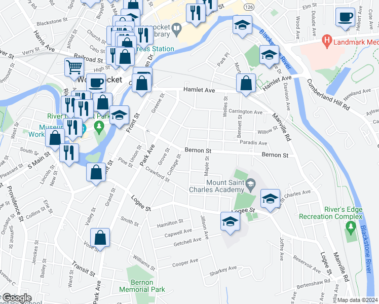 map of restaurants, bars, coffee shops, grocery stores, and more near 539 Bernon Street in Woonsocket