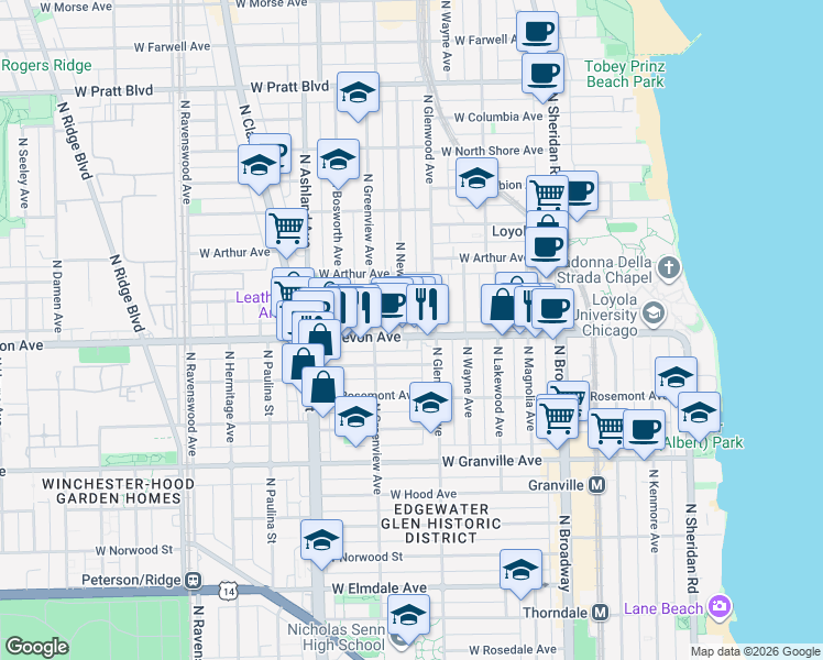 map of restaurants, bars, coffee shops, grocery stores, and more near 6410 North Glenwood Avenue in Chicago