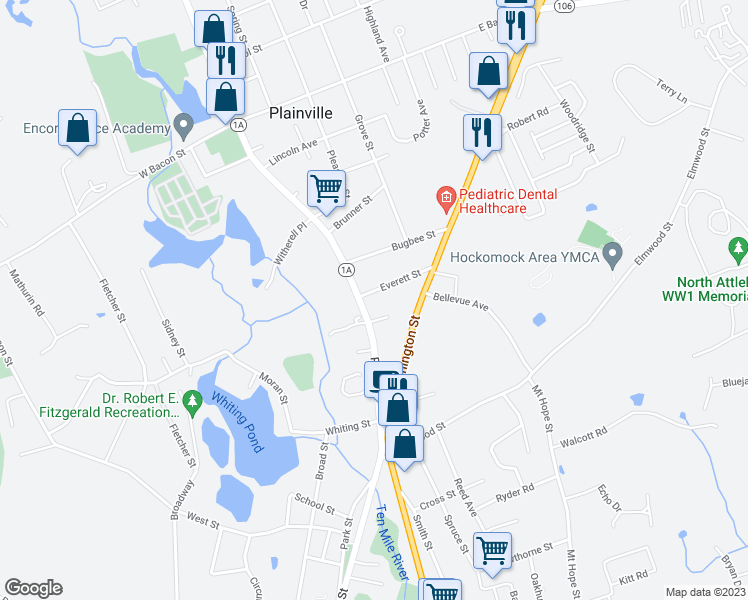 map of restaurants, bars, coffee shops, grocery stores, and more near 265 Park Street in North Attleborough