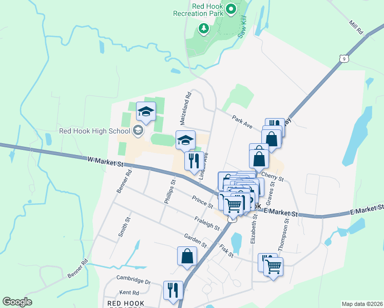 map of restaurants, bars, coffee shops, grocery stores, and more near 65 West Market Street in Red Hook