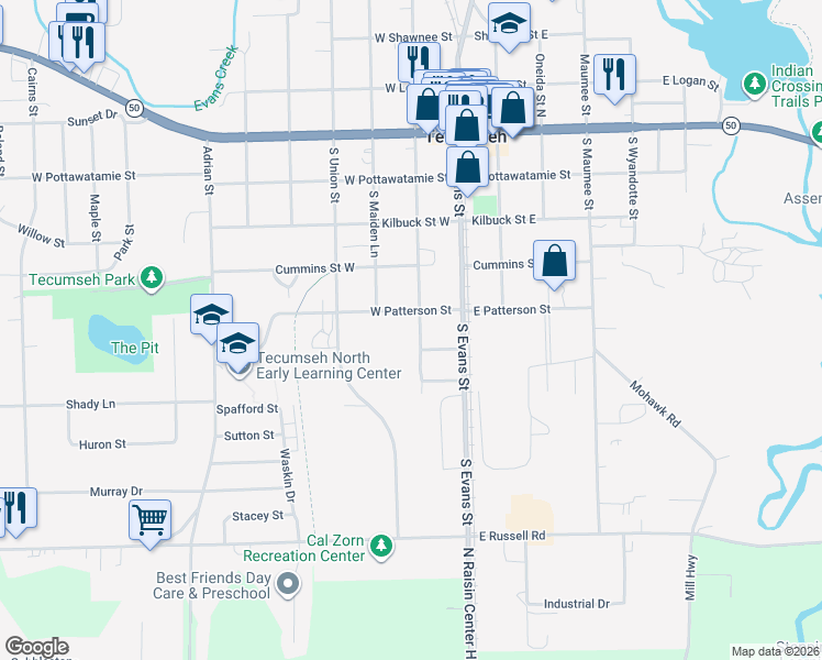 map of restaurants, bars, coffee shops, grocery stores, and more near 208 West Patterson Street in Tecumseh