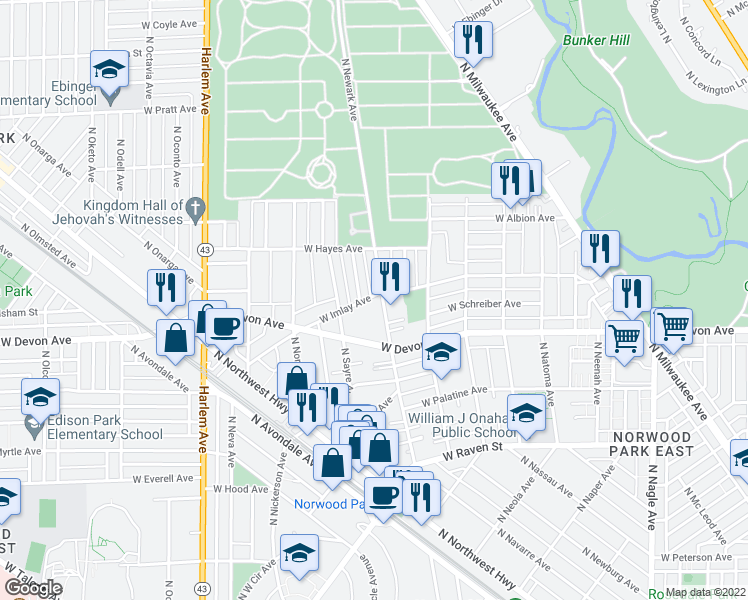 map of restaurants, bars, coffee shops, grocery stores, and more near 6909 West Imlay Avenue in Chicago