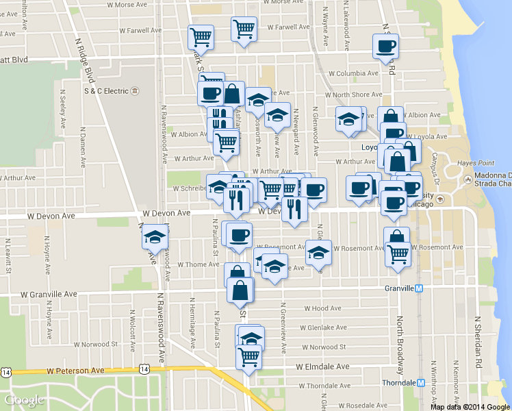 map of restaurants, bars, coffee shops, grocery stores, and more near 1536 W Devon Ave in Chicago