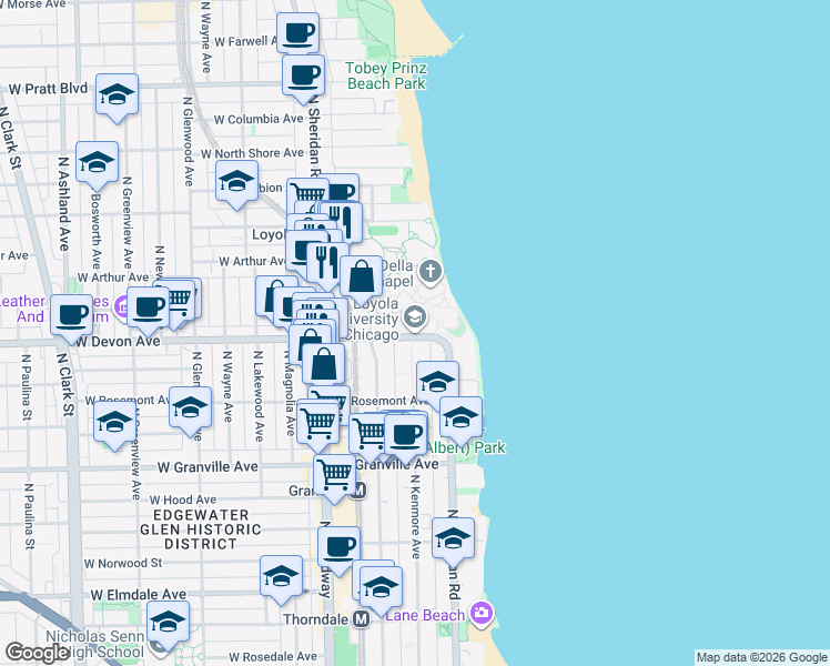 map of restaurants, bars, coffee shops, grocery stores, and more near 1032 West Sheridan Road in Chicago