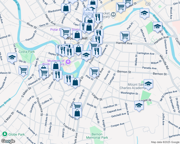 map of restaurants, bars, coffee shops, grocery stores, and more near 65 Union Street in Woonsocket