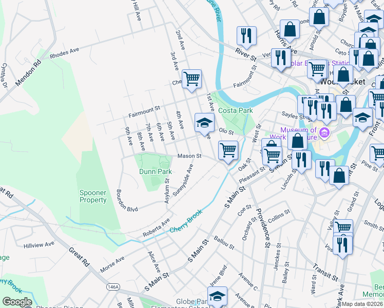 map of restaurants, bars, coffee shops, grocery stores, and more near 287 Mason Street in Woonsocket
