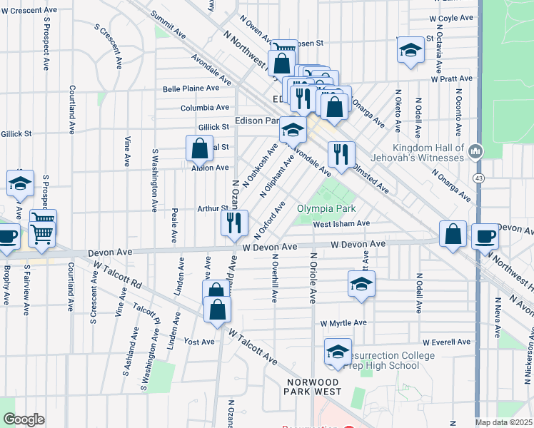 map of restaurants, bars, coffee shops, grocery stores, and more near 6470 North Oxford Avenue in Chicago