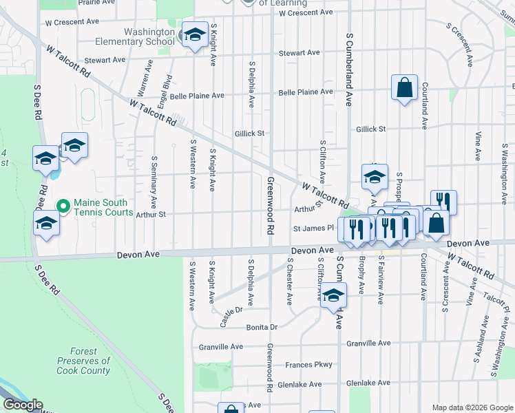 map of restaurants, bars, coffee shops, grocery stores, and more near 1013 South Delphia Avenue in Park Ridge